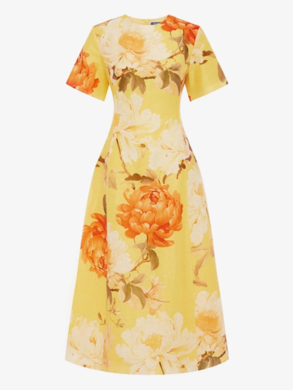 LEO Lin Caroline Yellow Orange Floral Peony Print A-Line Short Sleeve Midi Dress